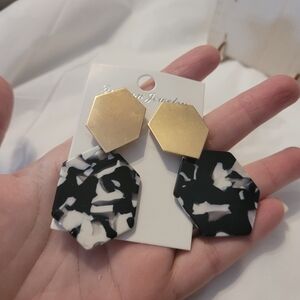 Chunky Black & White Acrylic Hexagon Statement Earrings with Goldtone Accents